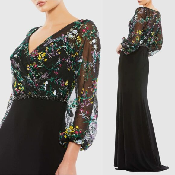 Mac Duggal 79379 Size 16 Black Floral Embroidered Long Sleeve Maxi Gown Dress - Picture 1 of 4